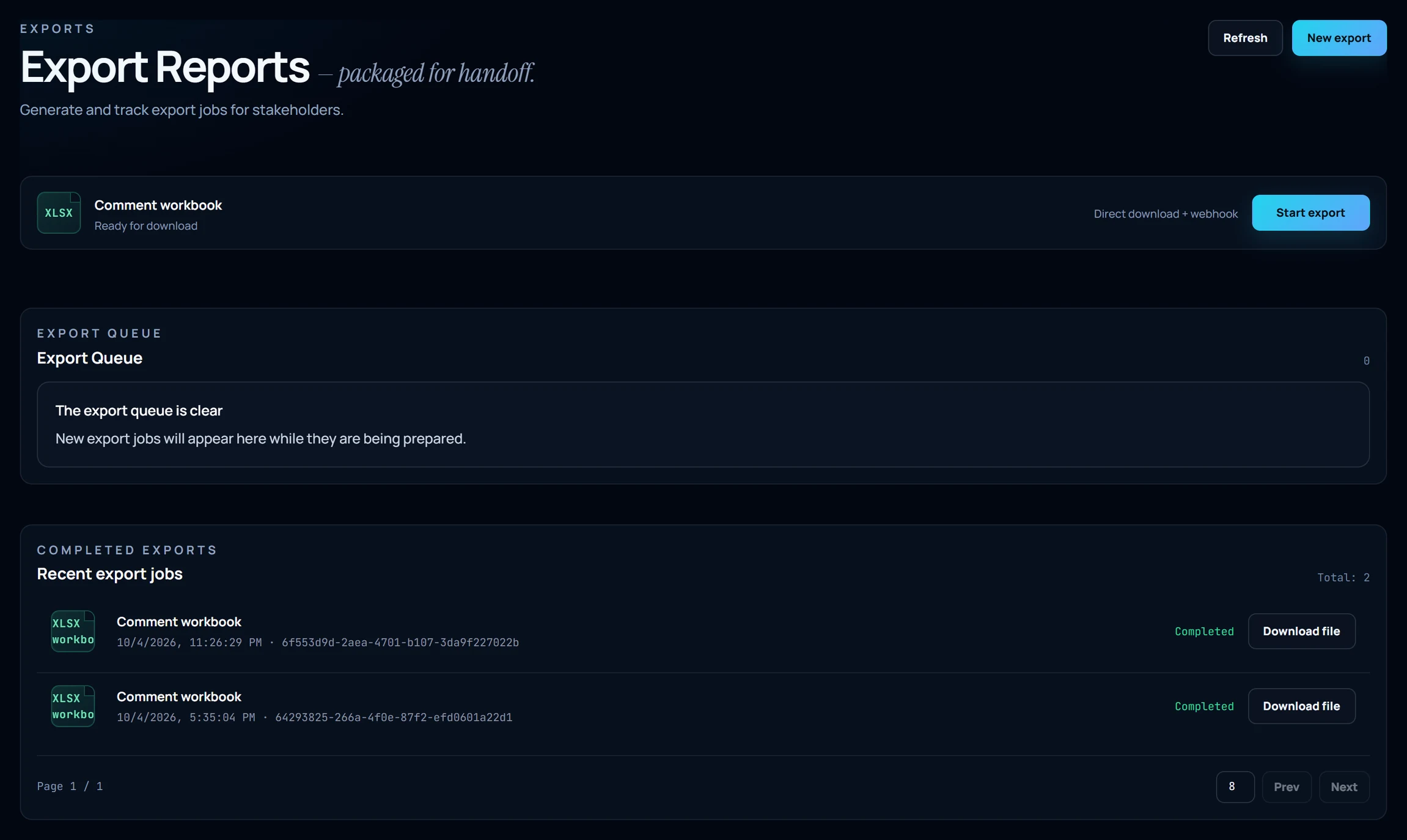 Exports page with the XLSX comment workbook ready to start.