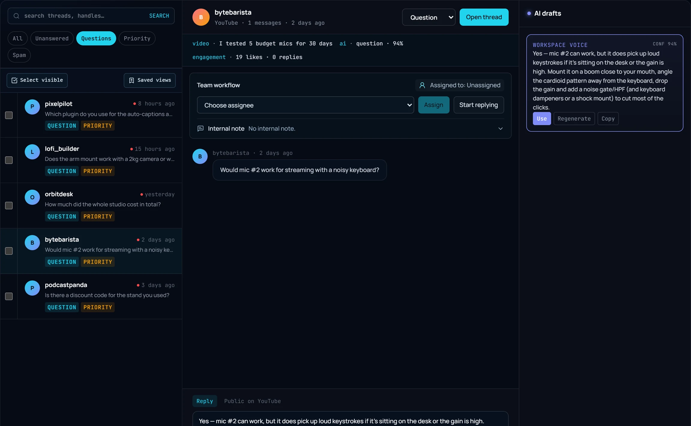 Comments queue filtered to questions, with AI labels and an AI reply draft waiting for approval.